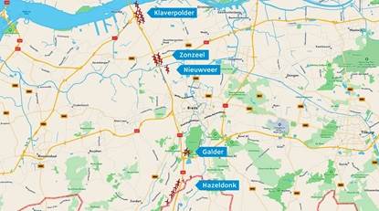 Kaart met locaties van windmolens langs de A16 bij: Hazeldonk, Galder, Nieuwveer, Zonzeel, Klaverpolder