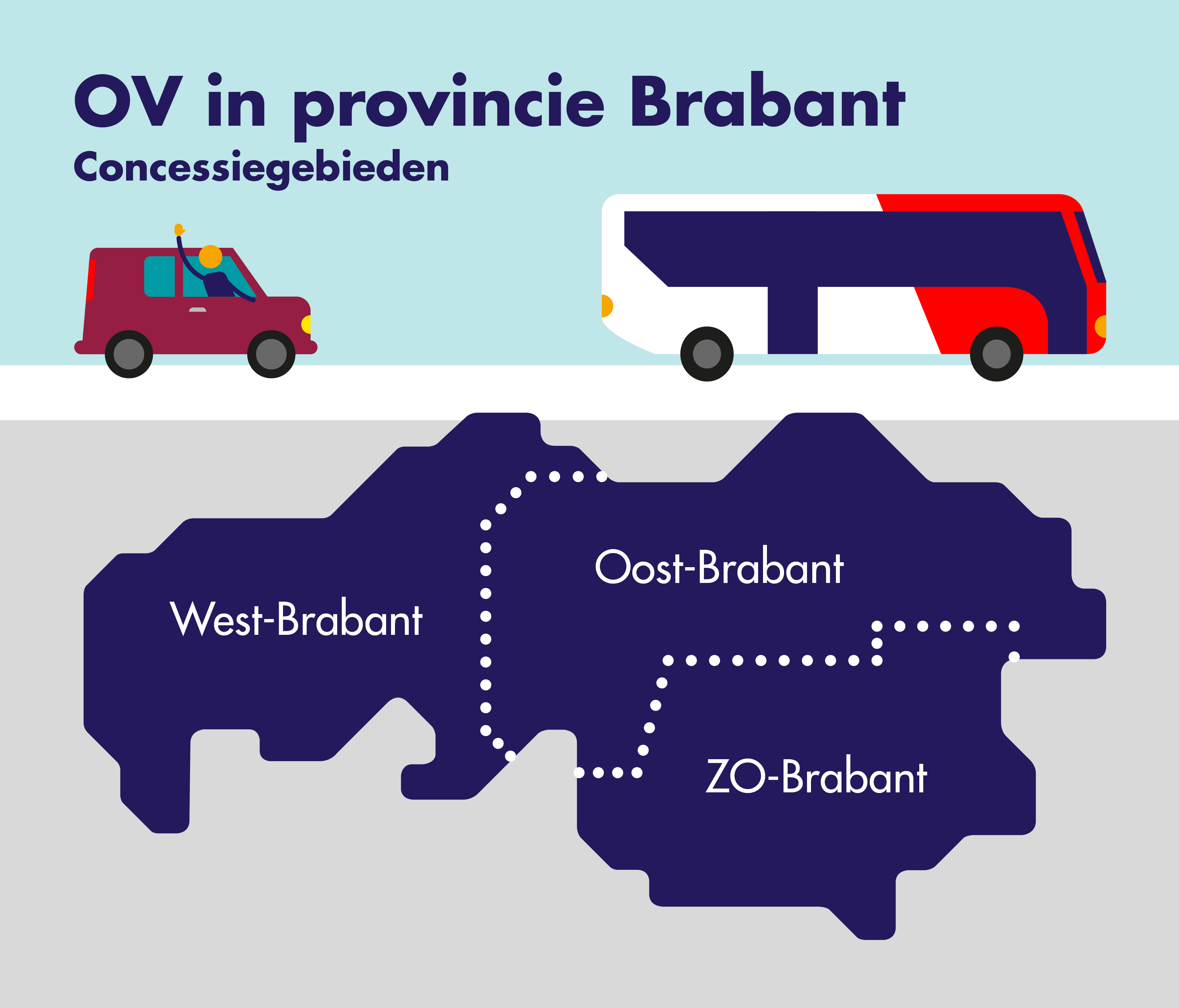 Op deze afbeelding zijn de consessiegebieden West-, Oost- en Zuidoost Brabant weergegeven.