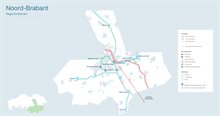 Kaart van Noord-Brabant, regio Eindhoven, met een overzicht van energieprojecten van TenneT. Op de kaart staan bestaande en geplande 380 kV-, 150 kV- en 525 kV-verbindingen rond Eindhoven, Helmond, Eerde, Hapert, Maarheeze en Budel. Met symbolen is aangegeven waar sprake is van nieuwbouw, uitbreiding, vervanging van stations, nieuwe lijnverbindingen, lijnverzwaring en ondergrondse kabelverbindingen. Ook zijn projectfasen zichtbaar (studie, voorbereiding en realisatie) en zijn bestaande hoogspanningsstations van TenneT en schakel- en/of transformatorstations van klanten aangeduid.