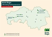 Schematische kaart van Brabant met titel 'Grote Oogst, uitbreiding bedrijventerreinen'. Visueel zichtbaar: 12 stippen en 6 nieuwe bedrijventerreinen aangemerkt. Dat zijn in West-Brabant Majoppeveld-Borchwerf I, Weststad, Emer-Krogten en in noord-oost-Brabant Haven Cuijk, Vorstengrafdonk en Loopkant-Liessent.