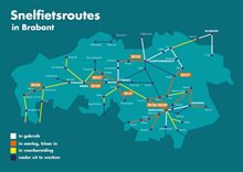Een overzichtskaart met alle snelfietsroutes in Brabant. In de kaart is te zien welke routes in gebruik zijn, in aanleg, in voorbereiding of verder worden uitgewerkt.